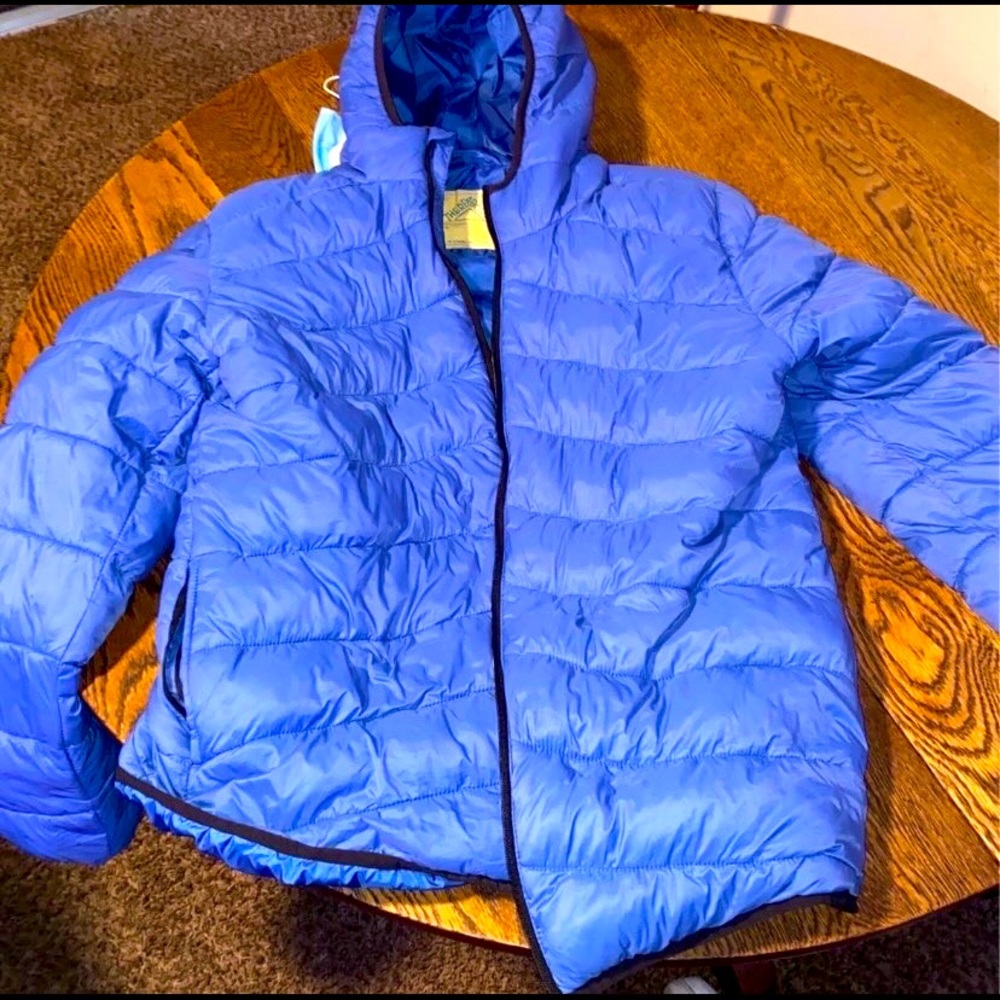Blue puffer coat